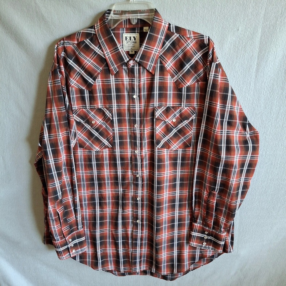 Ely Cattleman Mens 2XL Shirt Red‎ Black Plaid Western Pearl Snap Long Sleeve